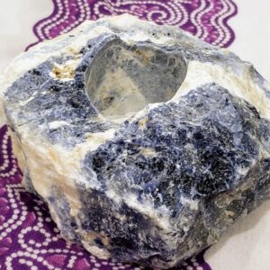 Natural Sodalyte Stone Candle Holder; holds small candle.