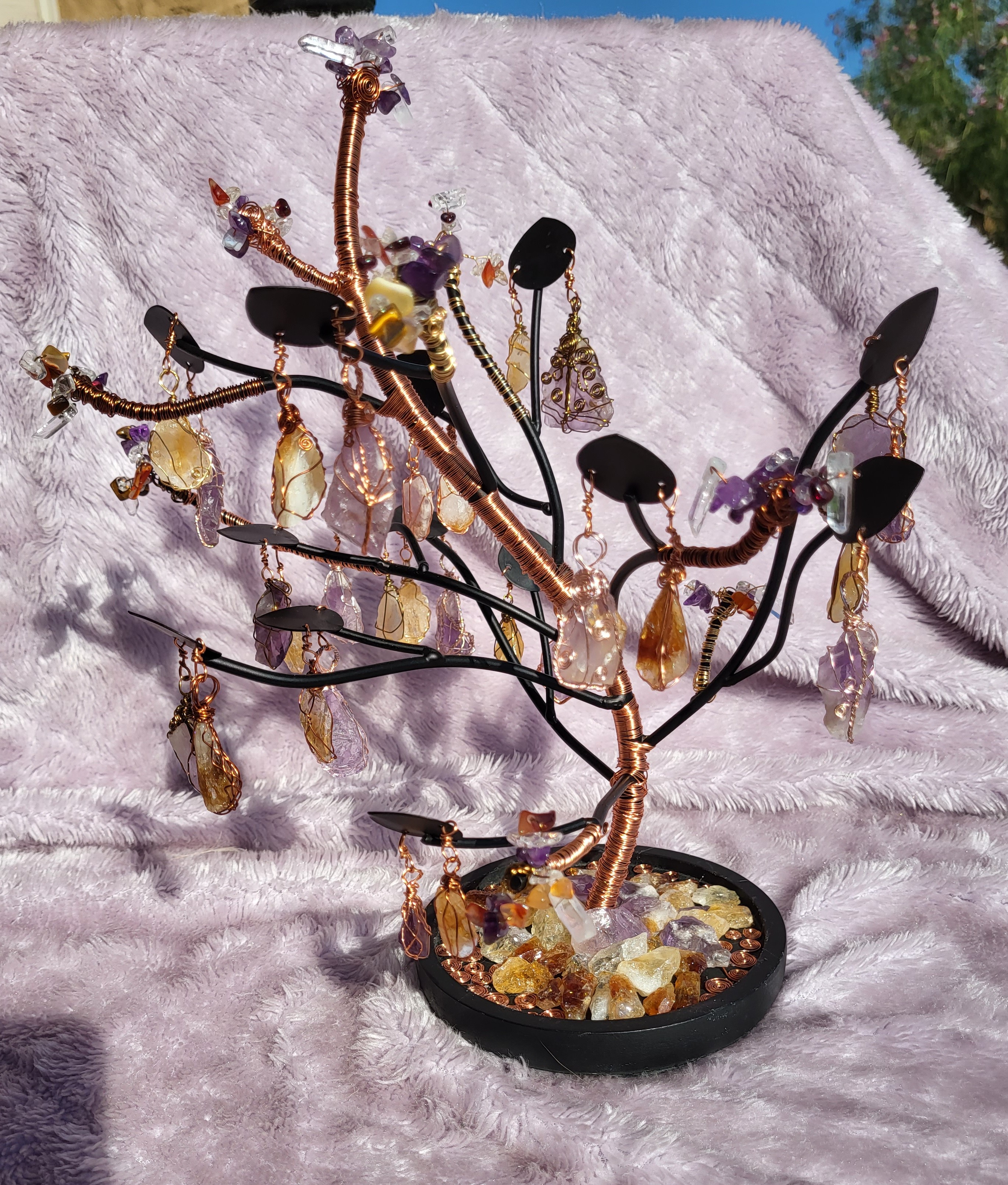 Tree of Life with multi colored copper wire wrapped Amethyst and Citrine on black iron base.