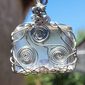 Silver Copper wrapped Opaque Quartz, with Celtic Triskele, Pendent, 24 inch black cord necklace.